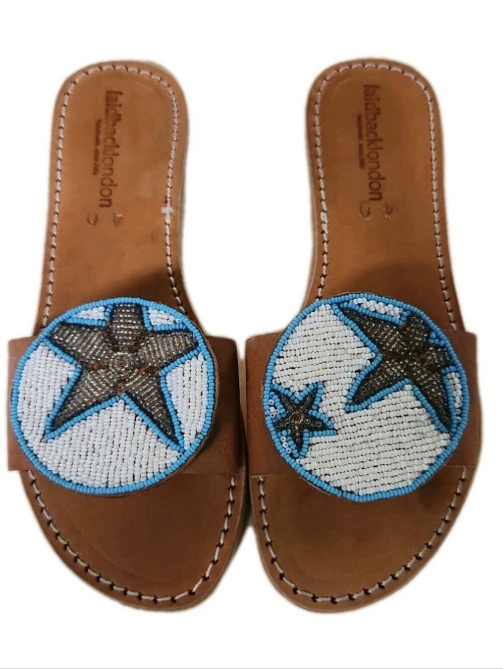 Laidback London Remi Star Flat Thong Sandal Beaded Leather Womens Size 9 EC